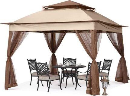 MASTERCANOPY Patio Gazebo Outdoor Pop Up Gazebo with Mesh Walls (11×11,Champagne)