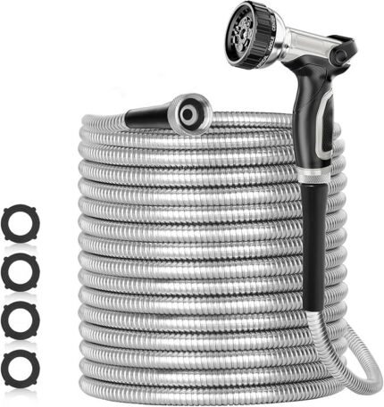 SPECILITE 200ft 304 Stainless Steel Garden Hose Metal, Heavy Duty Water Pipe with Nozzles for Yard, Outdoor – Flexible, Never Kink & Tangle, Puncture Resistant (Sliver)