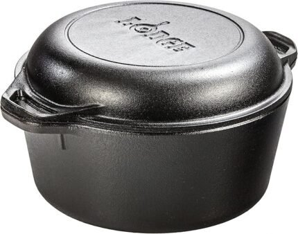 Lodge Cast Iron Double Dutch Oven – Pre-Seasoned 2-in-1 Cast Iron Cookware – Pot & Skillet Combo – Even Heat Retention – Oven-Safe, Versatile Pot – 5 Quart