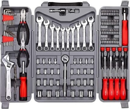 CARTMAN 205 Piece Ratchet Wrench Tool Set 1/4″ & 3/8″ & 1/2″ Drive with SAE/Metric Sockets Kit in Plastic Toolbox